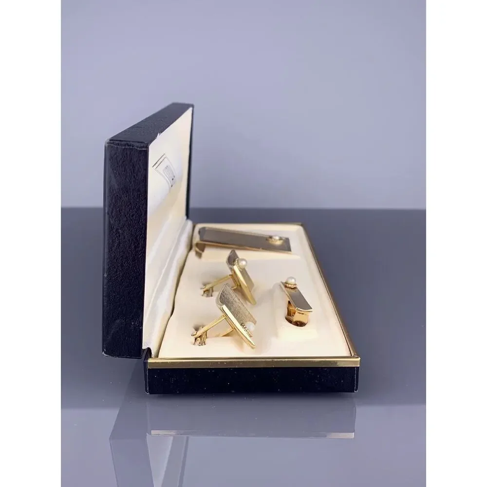 Faux Pearl Square Gold Tone Cufflinks Tie Pin Money Clip Textured Swank Vintage